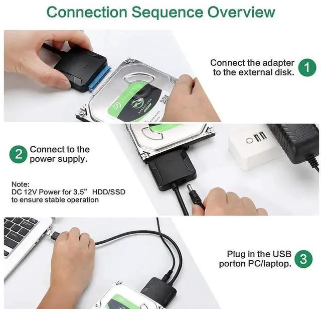 Alt view image 4 of 7 - USB 3.0 to SATA III Hard Drive Adapter Cable with 12V 2A Power Supply, External SATA to USB Converter for 2.5" & 3.5" SSD HDD, Support UASP Protocol