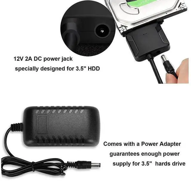 Alt view image 7 of 7 - USB 3.0 to SATA III Hard Drive Adapter Cable with 12V 2A Power Supply, External SATA to USB Converter for 2.5" & 3.5" SSD HDD, Support UASP Protocol