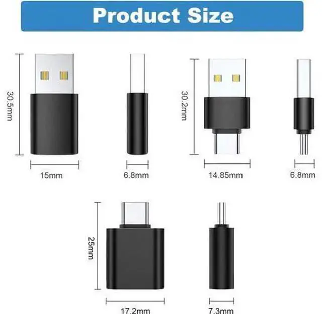 Alt view image 5 of 5 - 6 Pack Black USB-C Adapter Set, USB A Male to USB-C Male, USB 3.0 Male to USB-C Female, USB-C Male to USB 3.0 Female Converter Connectors for USB-C Devices
