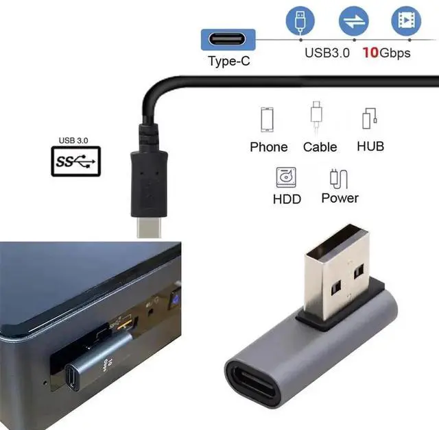 Alt view image 2 of 7 - 90 Degree Right Angled Low Profile USB-C Female to USB 3.0 A Male Adapter, Slim Type-C to USB-A High Speed Data Connector for Laptops, Desktops, USB-C Peripherals