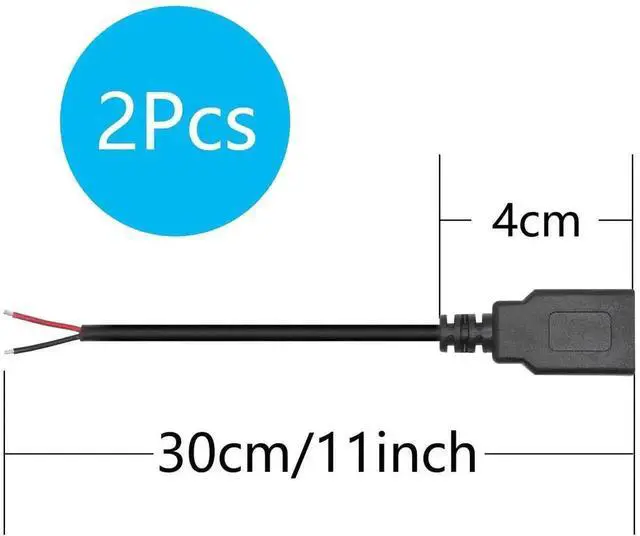 Alt view image 3 of 7 - 2Pcs 11 Inch USB A Female 2 Pin Bare Wire Pigtail Cable, 5V 3A Open End USB Power Cord, DIY Replacement Repair Wire for USB Equipment Installation & Modification