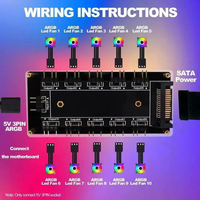 Alt view image 4 of 7 - 5V 3PIN ARGB Hub, 1 to 10 Way RGB Fan Splitter Controller with SATA Power, ARGB LED Light Strip Extension Adapter, Expand Motherboard ARGB Interface for PC Chassis Fan Lighting