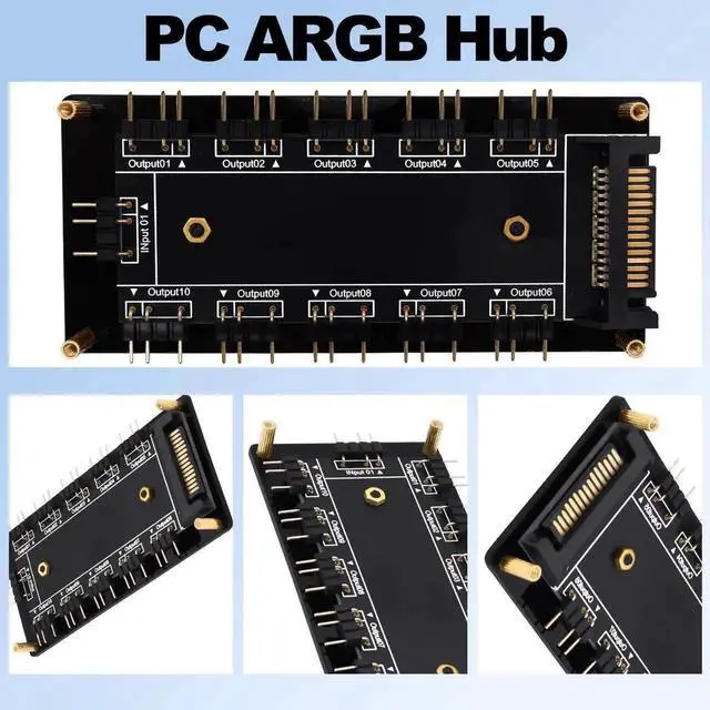 Alt view image 6 of 7 - 5V 3PIN ARGB Hub, 1 to 10 Way RGB Fan Splitter Controller with SATA Power, ARGB LED Light Strip Extension Adapter, Expand Motherboard ARGB Interface for PC Chassis Fan Lighting