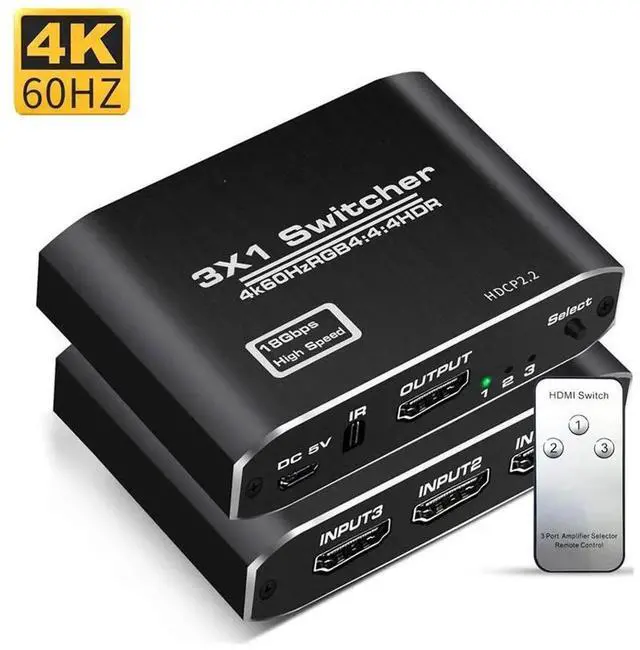 Main image of 3 Input 1 Output HDMI 2.0 Switch, 4K@60Hz HDR 3D 1080P HDMI Switcher with IR Remote & Manual Control, Compatible with Xbox, PS4, Nintendo Switch, Beamer, Blu-Ray Player, PC, Apple TV, Fire Stick