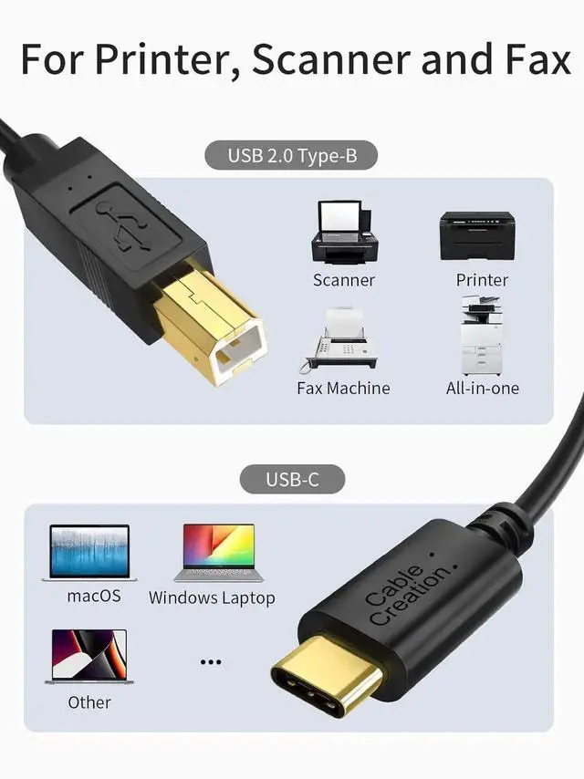 Alt view image 3 of 7 - CableCreation USB C to B Printer & Scanner Cable - 10FT, MIDI Cable for Yamaha & Casio Digital Pianos, DJ Controllers - 3M Black