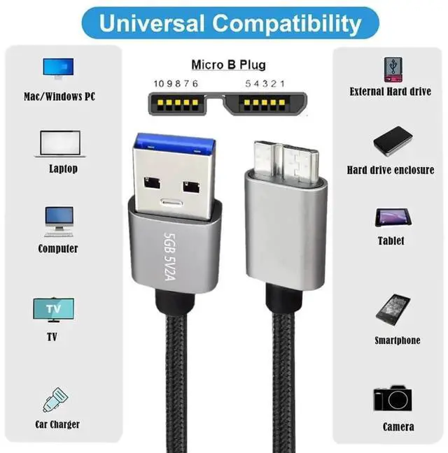 Alt view image 5 of 7 - 0.98ft USB 3.0 Type-A Male to Micro B Male Cable, 5Gbps High Speed Data Sync Cord Silver, Compatible with WD Seagate Toshiba External SSD Hard Drive, Digital Camera