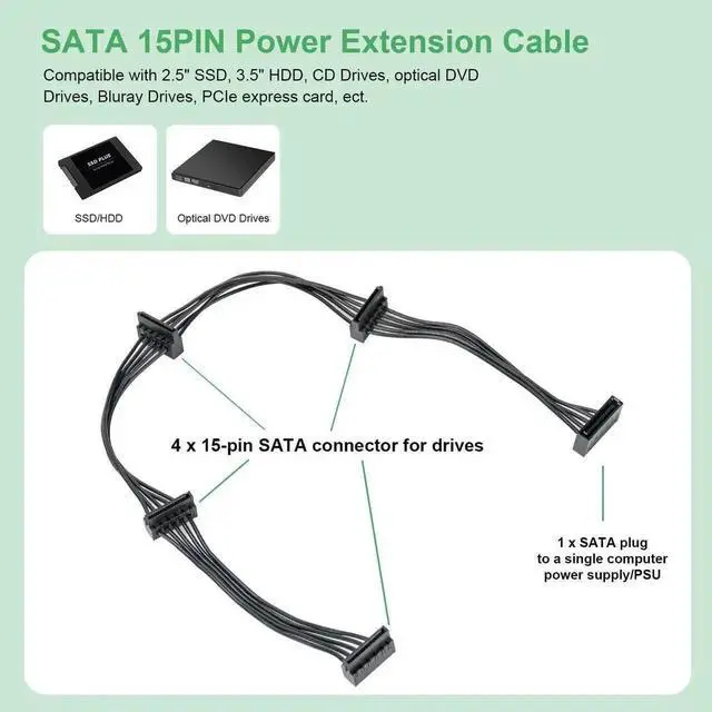 Alt view image 7 of 7 - 50cm 15 Pin to 4 SATA Power Extension Cable for HDD SSD DVD Hard Drive, 2 Pack