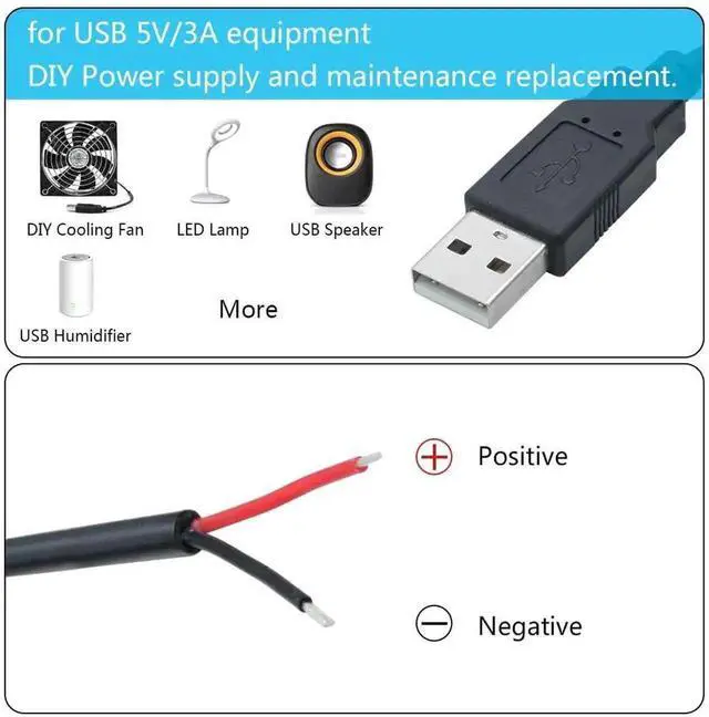 Alt view image 5 of 7 - 2Pcs 30cm USB 2.0 A Male 2 Pin Bare Wire Pigtail Cable, 5V 3A Open End USB Power Cord for DIY Repair, USB Equipment Modification & Replacement