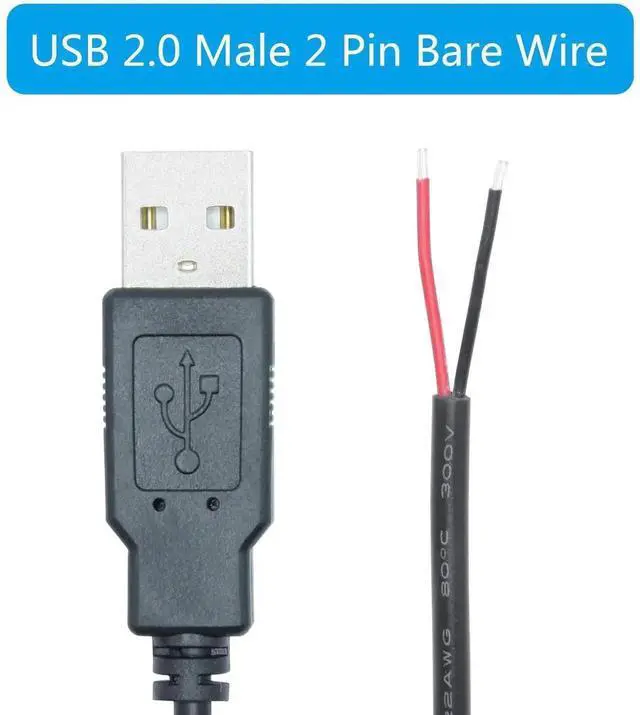 Alt view image 2 of 7 - 2Pcs 30cm USB 2.0 A Male 2 Pin Bare Wire Pigtail Cable, 5V 3A Open End USB Power Cord for DIY Repair, USB Equipment Modification & Replacement