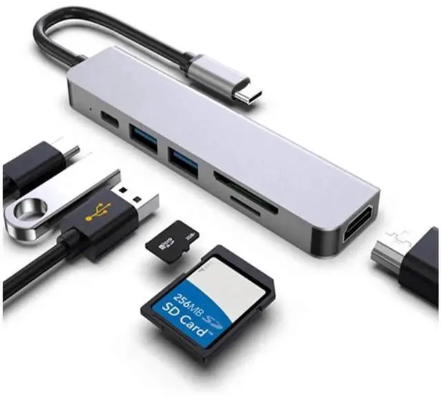 Main image of 6-in-1 USB C Hub Multiport Adapter, USB Type C Dongle with 4K HDMI, PD Charging Port, 2 USB 3.0 Ports, SD & TF Card Reader, Compatible with MacBook Pro, iPad Pro, Surface, Chromebook & USB-C Laptops