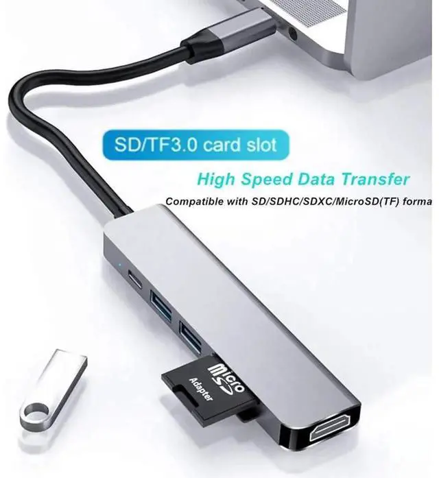 Alt view image 2 of 7 - 6-in-1 USB C Hub Multiport Adapter, USB Type C Dongle with 4K HDMI, PD Charging Port, 2 USB 3.0 Ports, SD & TF Card Reader, Compatible with MacBook Pro, iPad Pro, Surface, Chromebook & USB-C Laptops