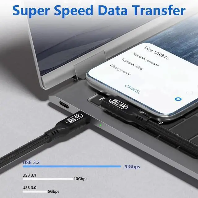 Alt view image 7 of 7 - 6.6ft Right Angle USB C to USB C Cable, 240W PD 5A Fast Charging, USB 3.2 Gen 2 20Gbps Data Transfer, 4K HDR Video Output, Compatible with Thunderbolt 3/4 Devices