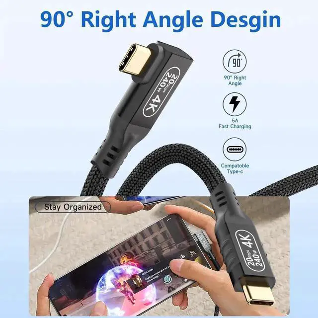 Alt view image 4 of 7 - 6.6ft Right Angle USB C to USB C Cable, 240W PD 5A Fast Charging, USB 3.2 Gen 2 20Gbps Data Transfer, 4K HDR Video Output, Compatible with Thunderbolt 3/4 Devices