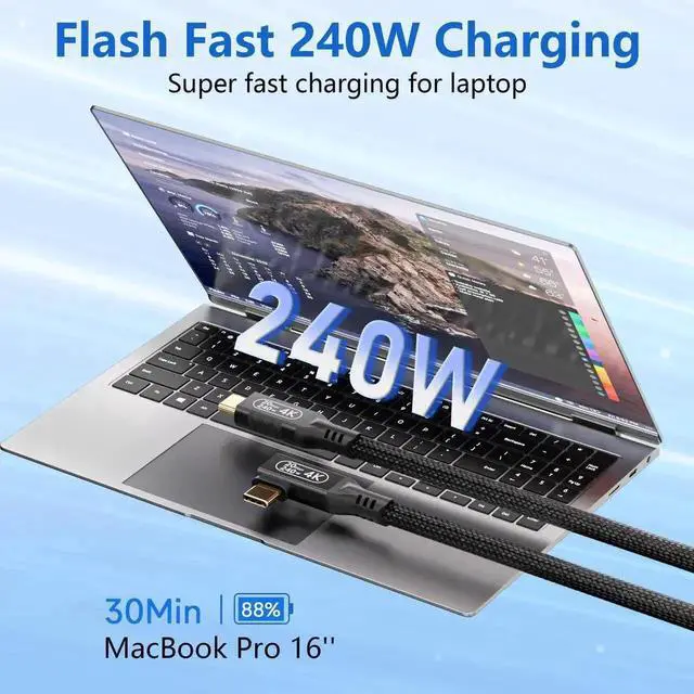Alt view image 2 of 7 - 6.6ft Right Angle USB C to USB C Cable, 240W PD 5A Fast Charging, USB 3.2 Gen 2 20Gbps Data Transfer, 4K HDR Video Output, Compatible with Thunderbolt 3/4 Devices