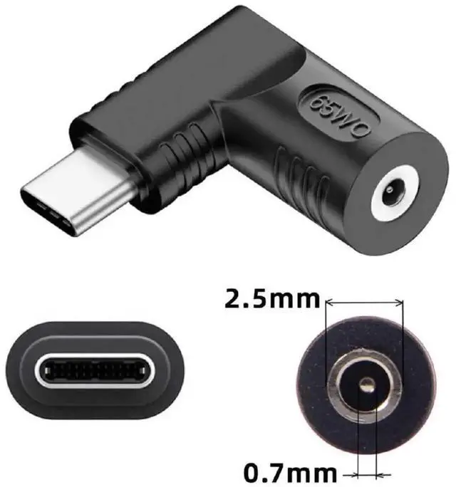 Alt view image 2 of 7 - 90 Degree DC Jack 2.5x0.7mm Input to USB-C Adapter, 65W PD Power Charging Converter Plug for Laptops, Smartphones and Type-C Devices