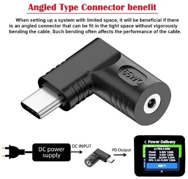 Alt view image 3 of 7 - 90 Degree DC Jack 2.5x0.7mm Input to USB-C Adapter, 65W PD Power Charging Converter Plug for Laptops, Smartphones and Type-C Devices