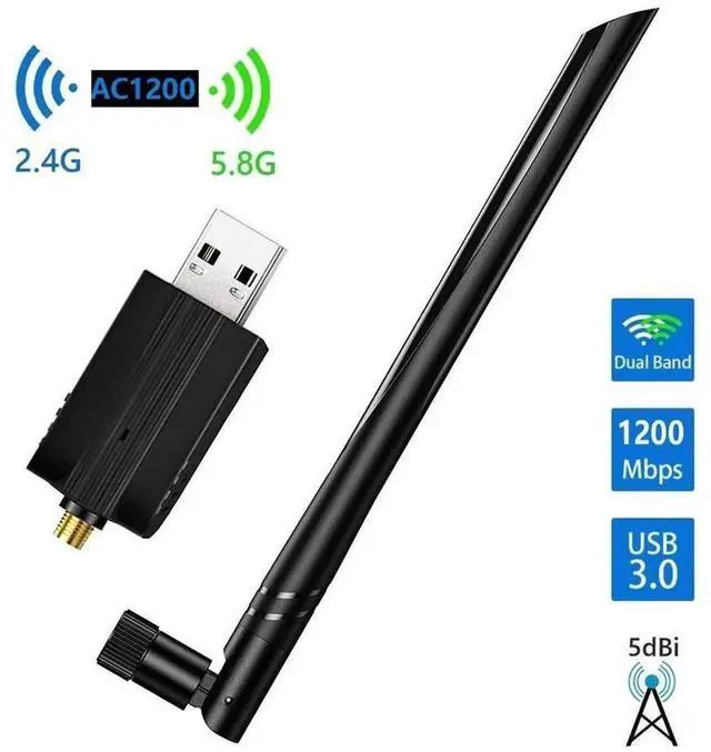 Main image of AC1200 Dual Band USB 3.0 WiFi Adapter with 5dBi High Gain Antenna, 2.4GHz & 5.8GHz Wireless Network Dongle for Desktop & Laptop, Compatible with Windows and Mac OS