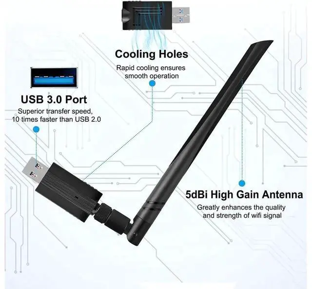 Alt view image 7 of 7 - AC1200 Dual Band USB 3.0 WiFi Adapter with 5dBi High Gain Antenna, 2.4GHz & 5.8GHz Wireless Network Dongle for Desktop & Laptop, Compatible with Windows and Mac OS