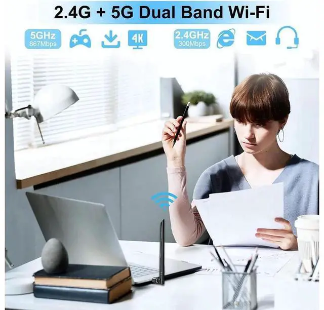 Alt view image 2 of 7 - AC1200 Dual Band USB 3.0 WiFi Adapter with 5dBi High Gain Antenna, 2.4GHz & 5.8GHz Wireless Network Dongle for Desktop & Laptop, Compatible with Windows and Mac OS