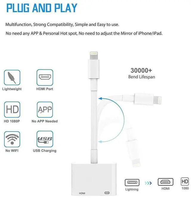Alt view image 5 of 7 - 2 in 1 iPhone to HDMI Adapter, Plug and Play 1080P Digital Audio Video Converter, New Updated Version Compatible with iPhone Devices, eokCXOY