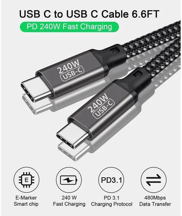 Alt view image 3 of 7 - Braided USB C to USB C Cable, 240W PD 3.1 Fast Charging Cable 6.6ft (2M), Black Type-C Charger Cord for Laptop, Smartphone, Tablet and USB-C Power Adapters