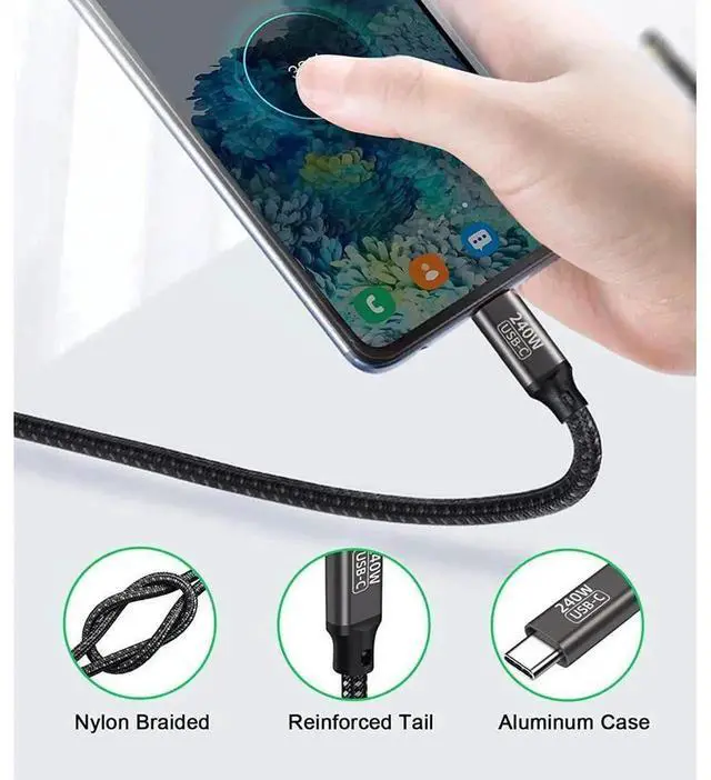 Alt view image 6 of 7 - Braided USB C to USB C Cable, 240W PD 3.1 Fast Charging Cable 6.6ft (2M), Black Type-C Charger Cord for Laptop, Smartphone, Tablet and USB-C Power Adapters