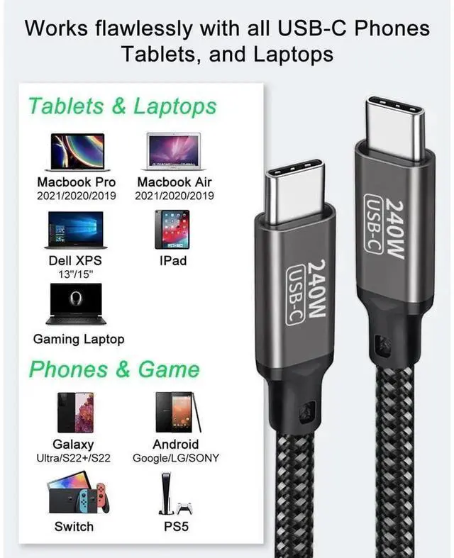 Alt view image 5 of 7 - Braided USB C to USB C Cable, 240W PD 3.1 Fast Charging Cable 6.6ft (2M), Black Type-C Charger Cord for Laptop, Smartphone, Tablet and USB-C Power Adapters
