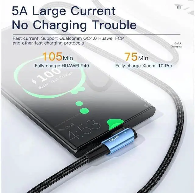 Alt view image 2 of 7 - 100W Right Angle USB C to USB C Cable, PD Fast Charging USB-C Charger Cord, 10FT 2-PACK, Compatible with MacBook, iPad, Samsung Galaxy, Google Pixel
