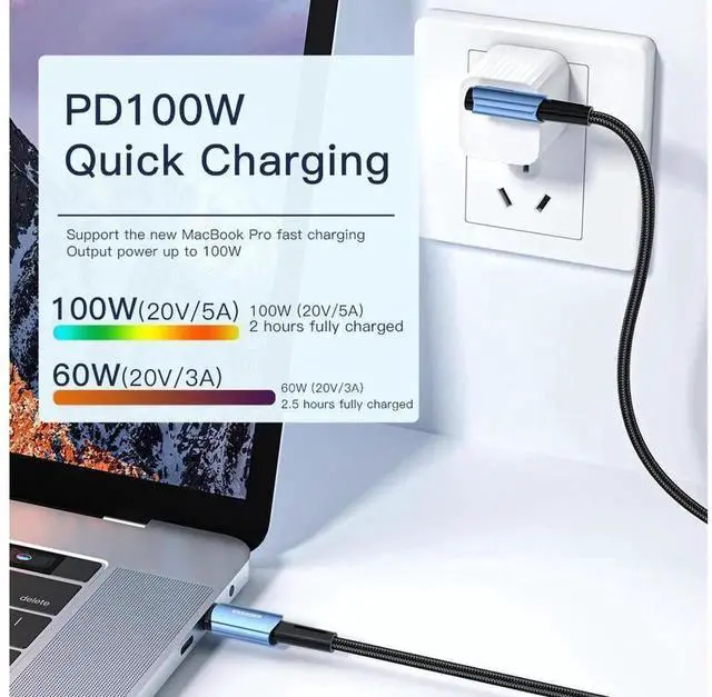 Alt view image 7 of 7 - 100W Right Angle USB C to USB C Cable, PD Fast Charging USB-C Charger Cord, 10FT 2-PACK, Compatible with MacBook, iPad, Samsung Galaxy, Google Pixel