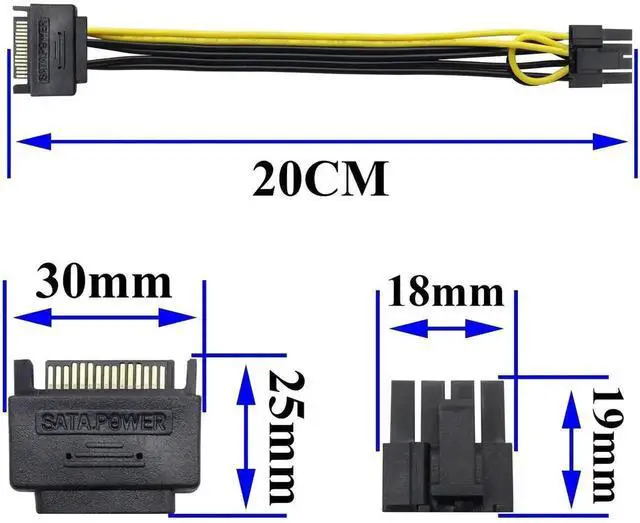 Alt view image 3 of 7 - 2 Pack 15-Pin SATA Male to 8 Pin (6+2 Pin) PCIe Female Graphics Card Power Adapter Cable, 20CM / 8Inch SATA to 6+2Pin PCI-E GPU Power Conversion Cord
