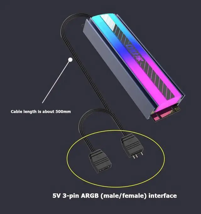 Alt view image 5 of 6 - 5V 3Pin ARGB M.2 2280 SSD Passive Heatsink, Computer Solid State Drive Cooling Radiator with Thermal Pad, ARGB Addressable RGB Cooler for M.2 2280 NVMe/SATA SSD