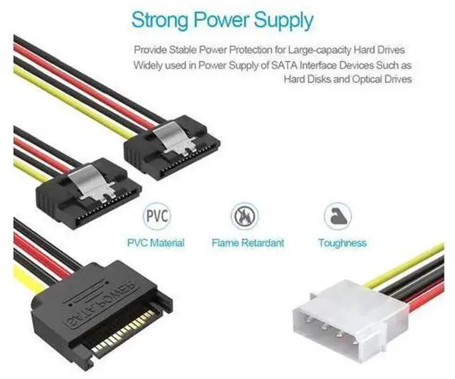 Alt view image 2 of 7 - 4PCS SATA Cable Set, SATA III 6Gbps Data Cable & 4Pin Molex to 2x15Pin SATA Power Splitter Cable, SATA 3.0 6.0Gbps Data Cord for PC Hard Drive, SSD, Optical Drive Power & Data Connection