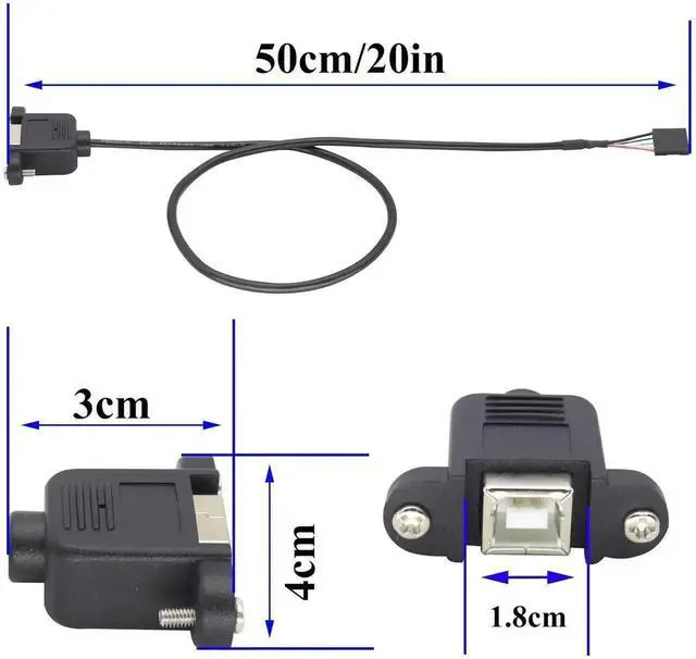 Alt view image 4 of 7 - 50cm Panel Mount USB Cable, USB B Female to 5 Pin Female Dupont Motherboard Header Cable, USB-B Panel Mount Socket to Dupont Wire Adapter Cable, Female to Female Jumper Cable