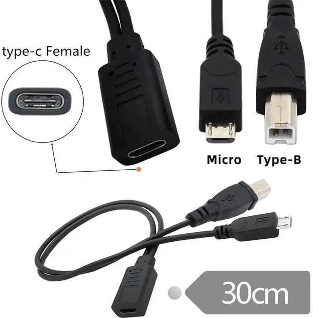 Alt view image 6 of 6 - 30CM Type-C Female to Micro USB Male & USB 2.0 Type-B Male Splitter Cable, USB-C Jack to Micro USB + Standard Type B Plug 2-in-1 Extension Charging Cord