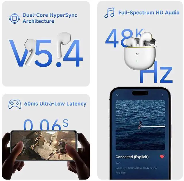 Alt view image 7 of 7 - ND Air3 True Wireless Earbuds, Bluetooth 5.4 Headphones with Noise Cancelling Microphone, 13mm Driver for Deep Bass, 30H Total Playtime, Touch Control Wireless Earphones for Sports, Gym, Commute, iPho