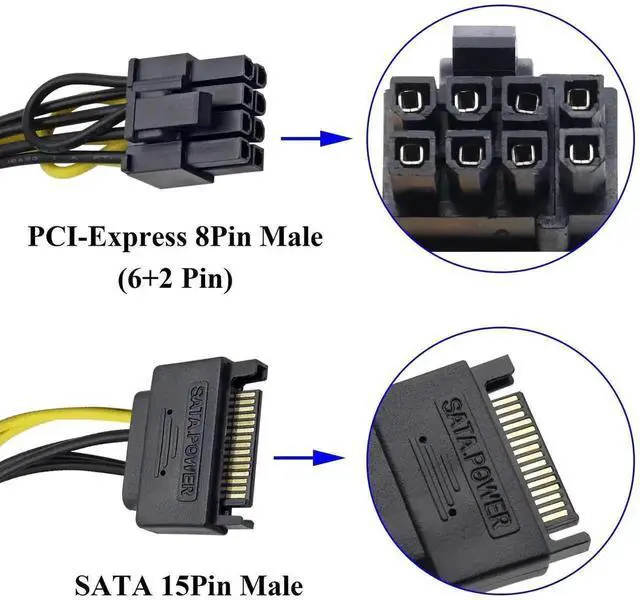 Alt view image 2 of 7 - 2 Pack 20CM SATA 15Pin Male to 8Pin (6+2) PCI-E Female Graphics Card Power Adapter Cable, 8 Inch SATA to PCIe 6+2Pin Power Converter Cord for Desktop GPU Video Card Power Supply Connection