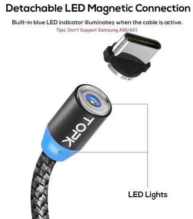 Alt view image 3 of 5 - AM17 2M LED Magnetic Braided USB Charging Cable, 3 in 1 Magnet Charging Wire Compatible with iPhone Xs Max, Lightning, Micro USB, Type-C Smartphones