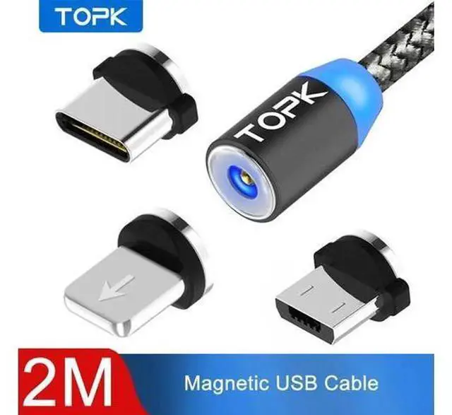 Main image of AM17 2M LED Magnetic Braided USB Charging Cable, 3 in 1 Magnet Charging Wire Compatible with iPhone Xs Max, Lightning, Micro USB, Type-C Smartphones