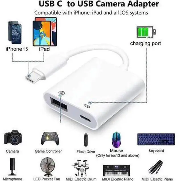 Alt view image 2 of 7 - USB C to USB OTG Camera Adapter with Fast Charging Port, USB-C Male to Female USB Adapter Compatible with iPhone 16/16 Pro/16 Pro Max/15/15 Pro/15 Pro Max, iPad Pro, Support USB Flash Drive, Keyboard,
