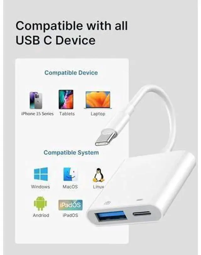 Alt view image 7 of 7 - USB C to USB OTG Camera Adapter with Fast Charging Port, USB-C Male to Female USB Adapter Compatible with iPhone 16/16 Pro/16 Pro Max/15/15 Pro/15 Pro Max, iPad Pro, Support USB Flash Drive, Keyboard,