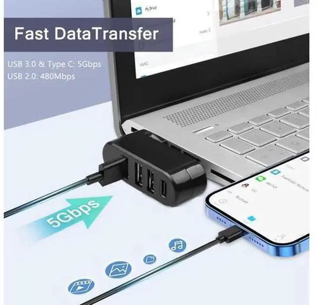 Alt view image 6 of 7 - VIENON 4-Port USB C Hub, 90°/180° Rotatable USB-C Splitter Adapter, Portable USB Extender Compatible with MacBook, iMac, Surface and All USB-C Port Laptops