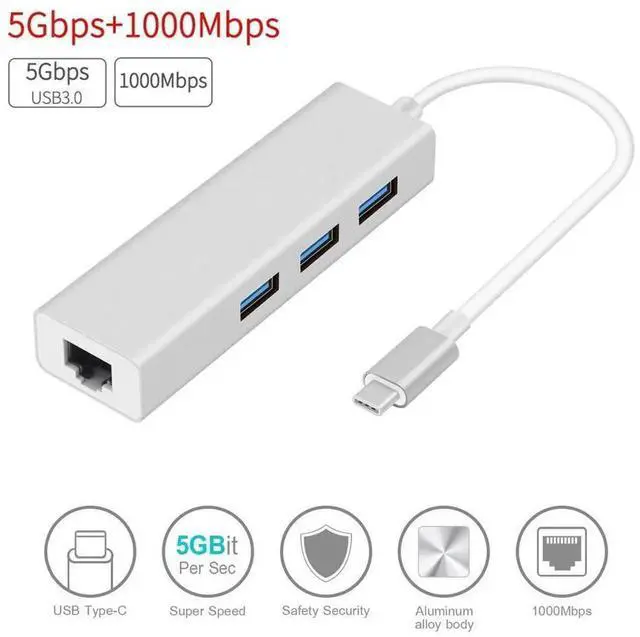 Main image of USB C to Ethernet Adapter, Thunderbolt 3 to RJ45 Wired Network Converter with 3 USB 3.0 Ports, Plug & Play, Compatible with MacBook, Silver
