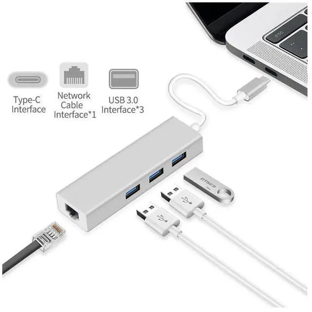 Alt view image 5 of 7 - USB C to Ethernet Adapter, Thunderbolt 3 to RJ45 Wired Network Converter with 3 USB 3.0 Ports, Plug & Play, Compatible with MacBook, Silver