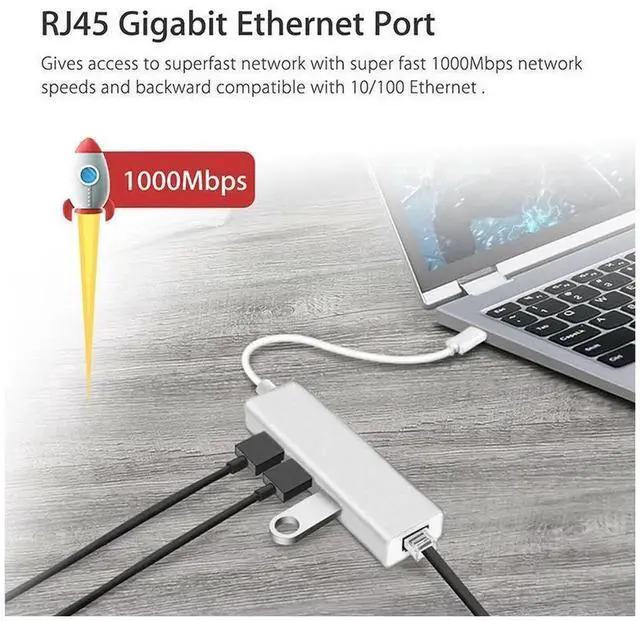 Alt view image 4 of 7 - USB C to Ethernet Adapter, Thunderbolt 3 to RJ45 Wired Network Converter with 3 USB 3.0 Ports, Plug & Play, Compatible with MacBook, Silver