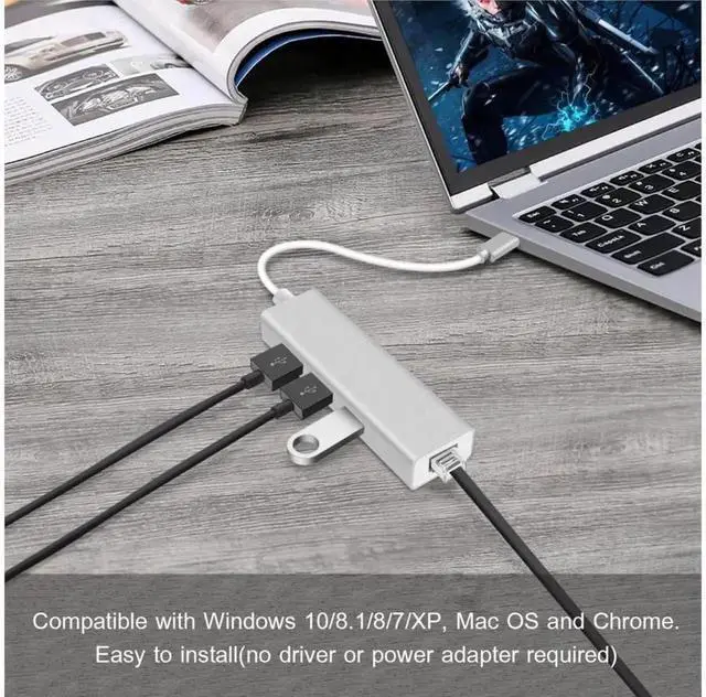 Alt view image 6 of 7 - USB C to Ethernet Adapter, Thunderbolt 3 to RJ45 Wired Network Converter with 3 USB 3.0 Ports, Plug & Play, Compatible with MacBook, Silver