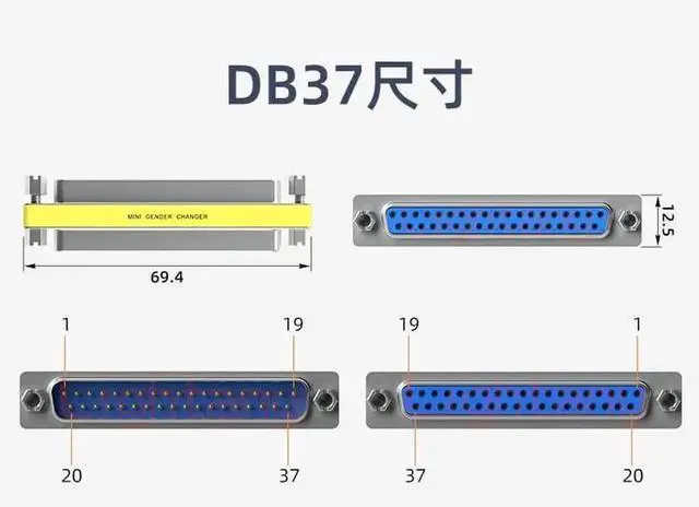 Alt view image 2 of 3 - 37 Pin High Density D-Sub Male to Female Adapter, 180 Degree Straight Metal Connector Support 3A Current