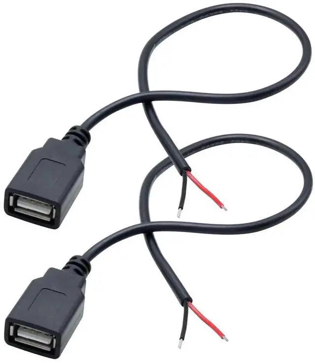 Main image of 2 Pack Short USB A Female 2 Pin Bare Wire Pigtail Cable, 11 Inch 5V 3A Open End Power Cord for DIY Repair, USB Equipment Modification & Replacement