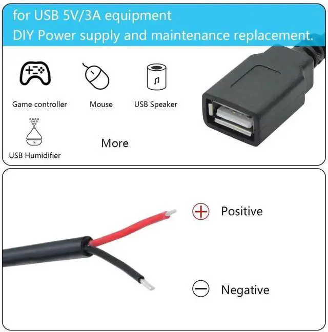 Alt view image 7 of 7 - 2 Pack Short USB A Female 2 Pin Bare Wire Pigtail Cable, 11 Inch 5V 3A Open End Power Cord for DIY Repair, USB Equipment Modification & Replacement