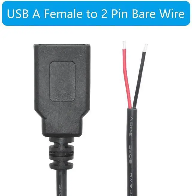 Alt view image 4 of 7 - 2 Pack Short USB A Female 2 Pin Bare Wire Pigtail Cable, 11 Inch 5V 3A Open End Power Cord for DIY Repair, USB Equipment Modification & Replacement