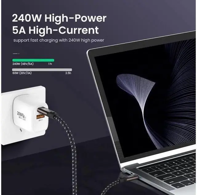 Alt view image 3 of 7 - 240W USB C to USB C Cable 6.6ft/2M, PD 3.1 Fast Charging Nylon Braided Type C Charger Cord, 48V 5A USB-C Cable for Laptops, Tablets, Phones and All USB-C Devices